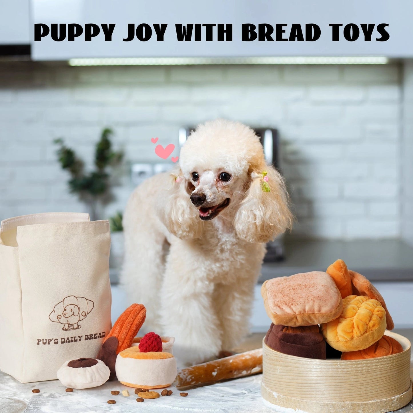 A fluffy white poodle stands in a kitchen behind Nocciola 10-Pack Crinkle & Squeaky Bread Dog Toys with Treat Bag. A canvas bag says Nocciola. Black text above reads Puppy Joy With Bread Toys, with pink hearts by the dogâs head.