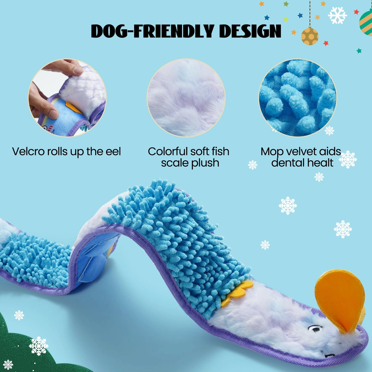 The Nocciola Interactive No-Stuffing Eel Toy features mop velvet and soft, scale-like fabric. Three close-ups highlight velcro, plush texture, and treat pockets for mental stimulation. Festive snowflakes and icons decorate the image.