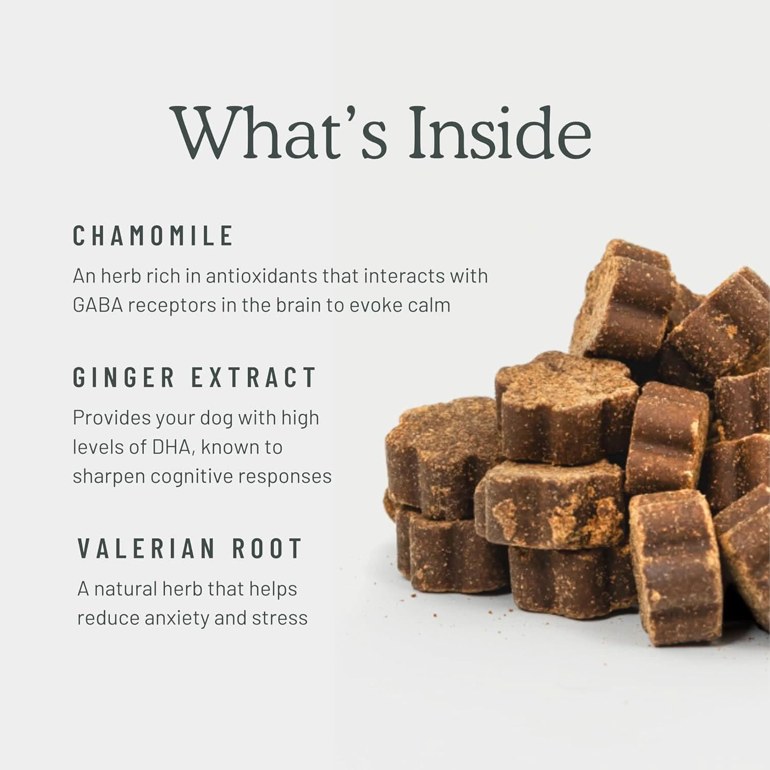 Get Joy calming supplements for dogs made with chamomile, ginger extract, and valerian root for enhanced relaxation