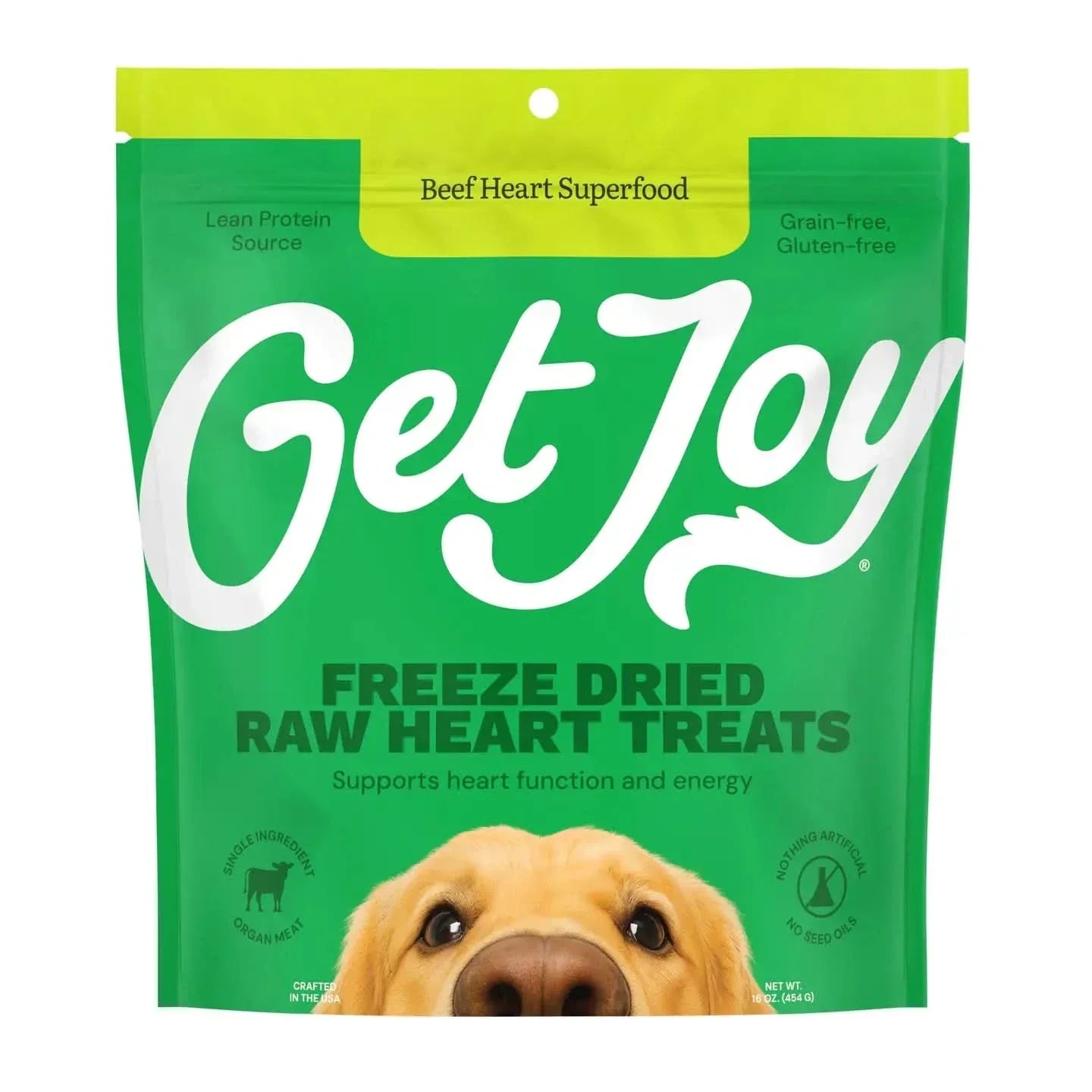 Get Joy freeze dried beef heart dog treats in a green bag supporting heart function and energy