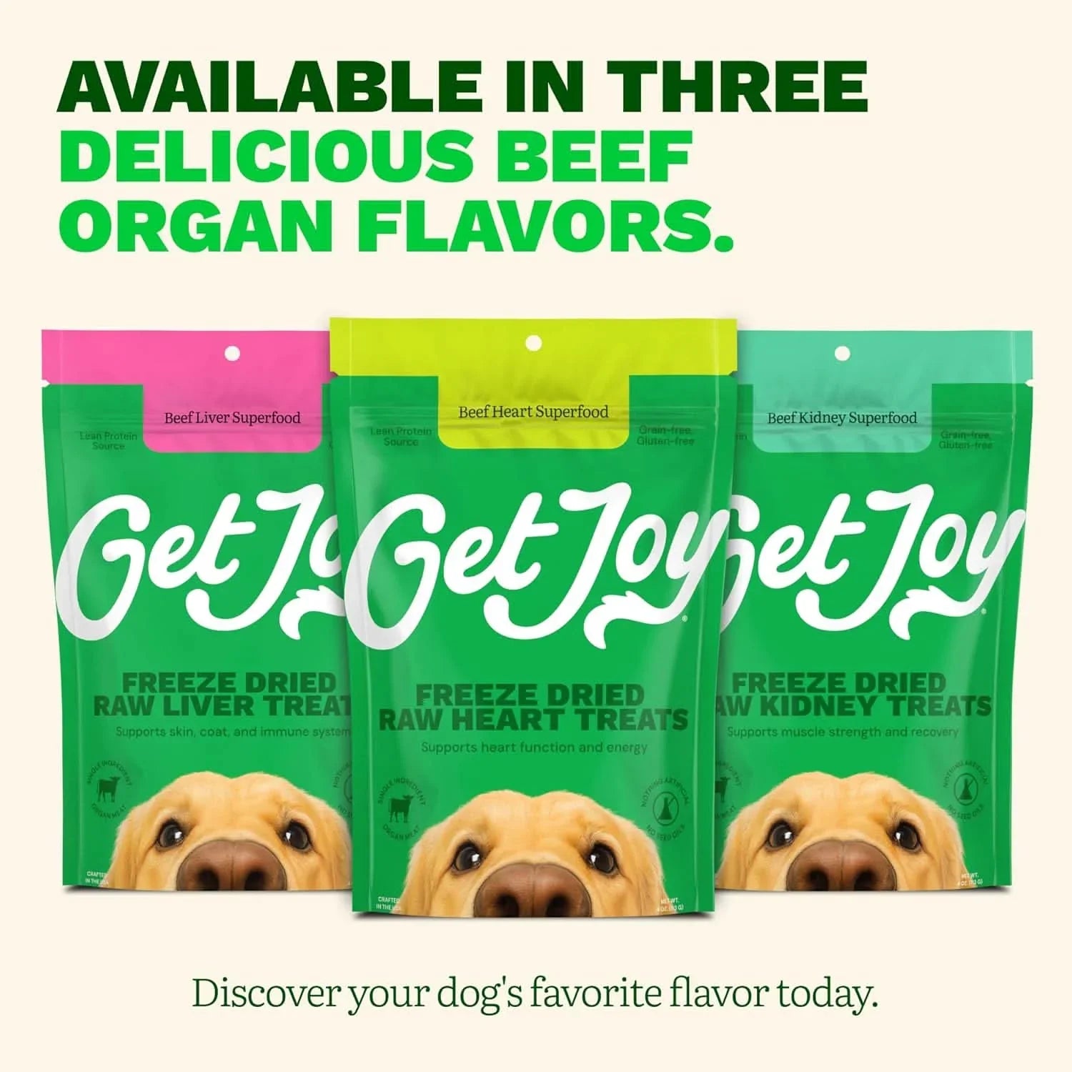 Get Joy freeze dried beef heart dog treats in three flavors for healthy dog snacking