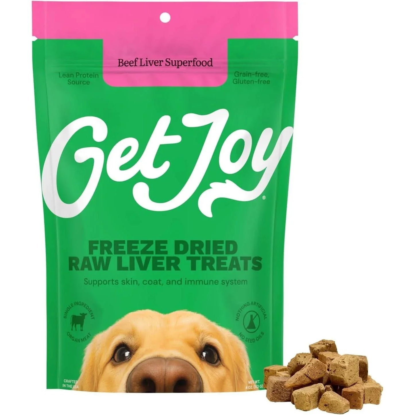 Get Joy Freeze Dried Beef Liver Dog Treats in a green pouch supporting skin and coat health