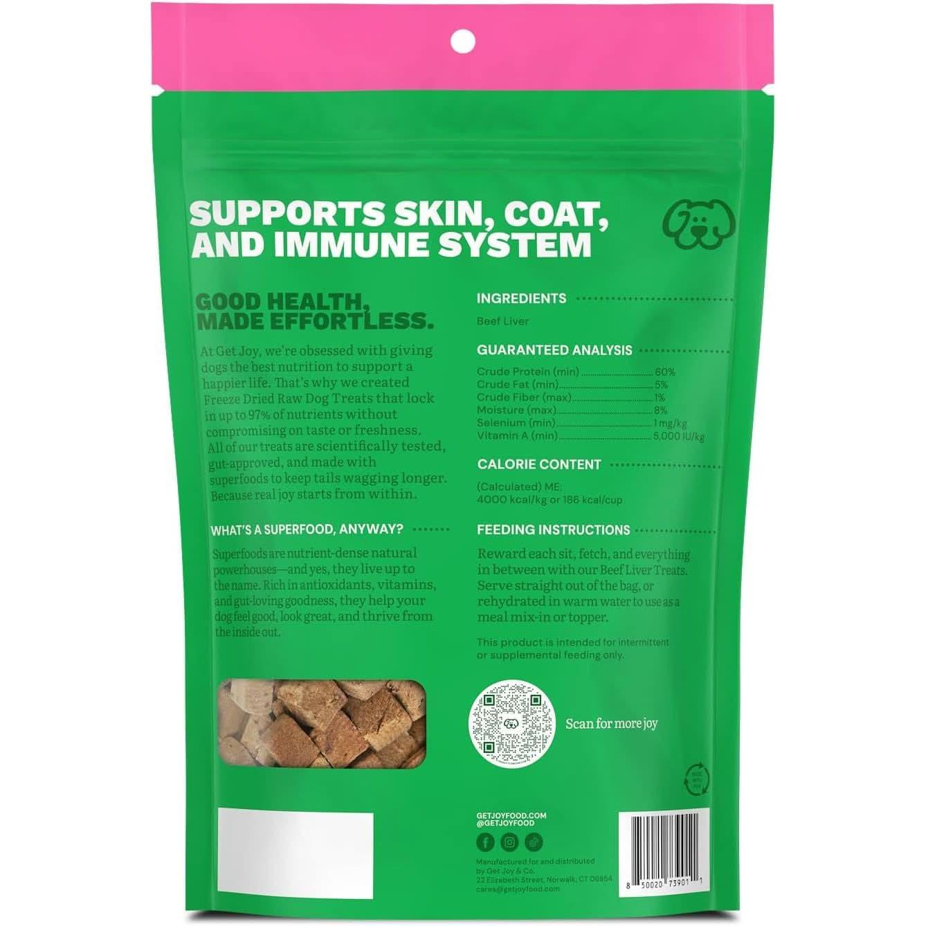 Get Joy freeze dried beef liver dog treats packed with nutrients for your dog's health and vitality