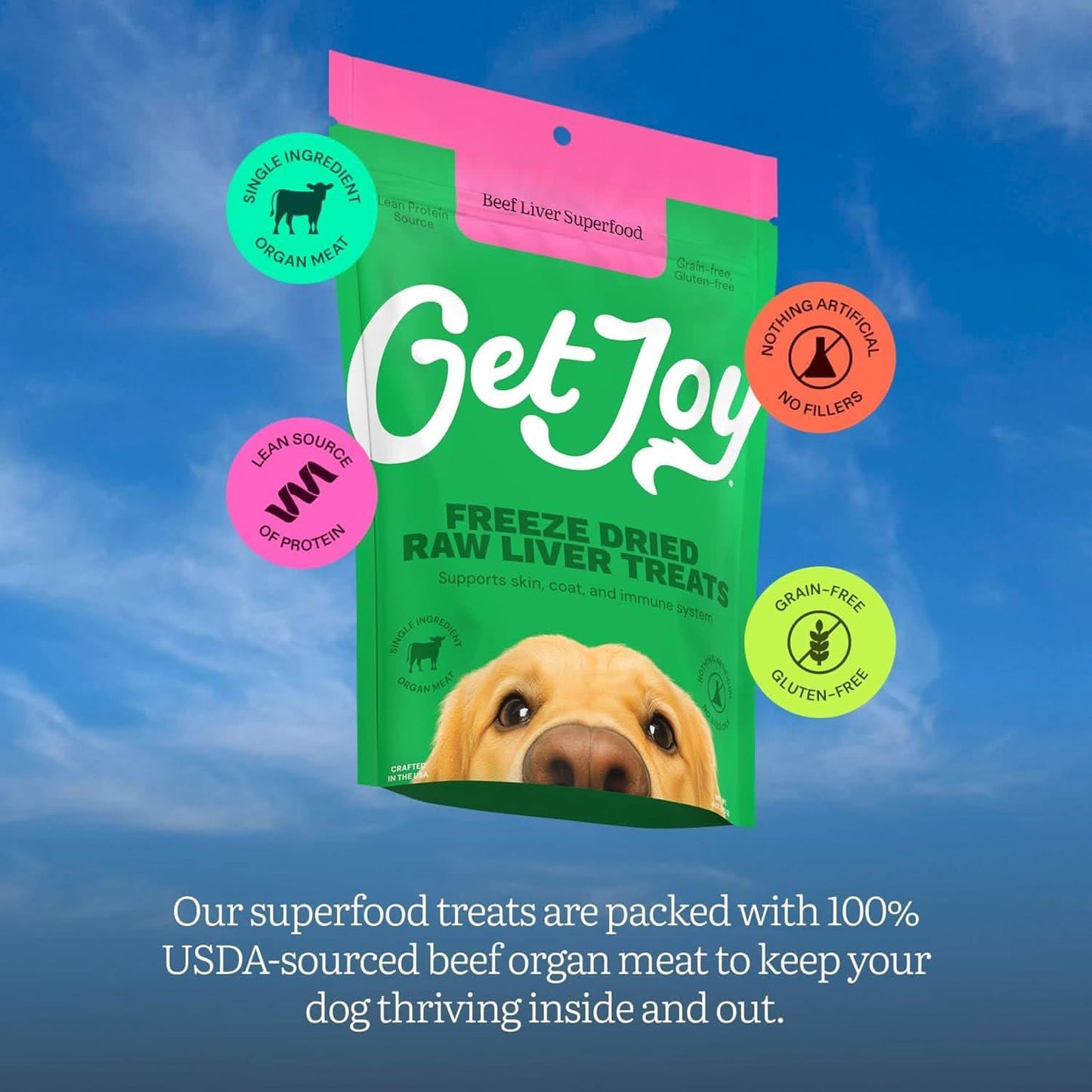 Get Joy freeze dried beef liver dog treats in packaging, rich in protein and grain-free for healthy dogs