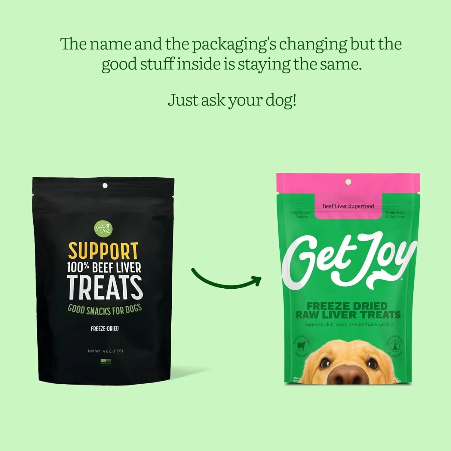 Get Joy freeze dried beef liver dog treats in new packaging for happy and healthy dogs