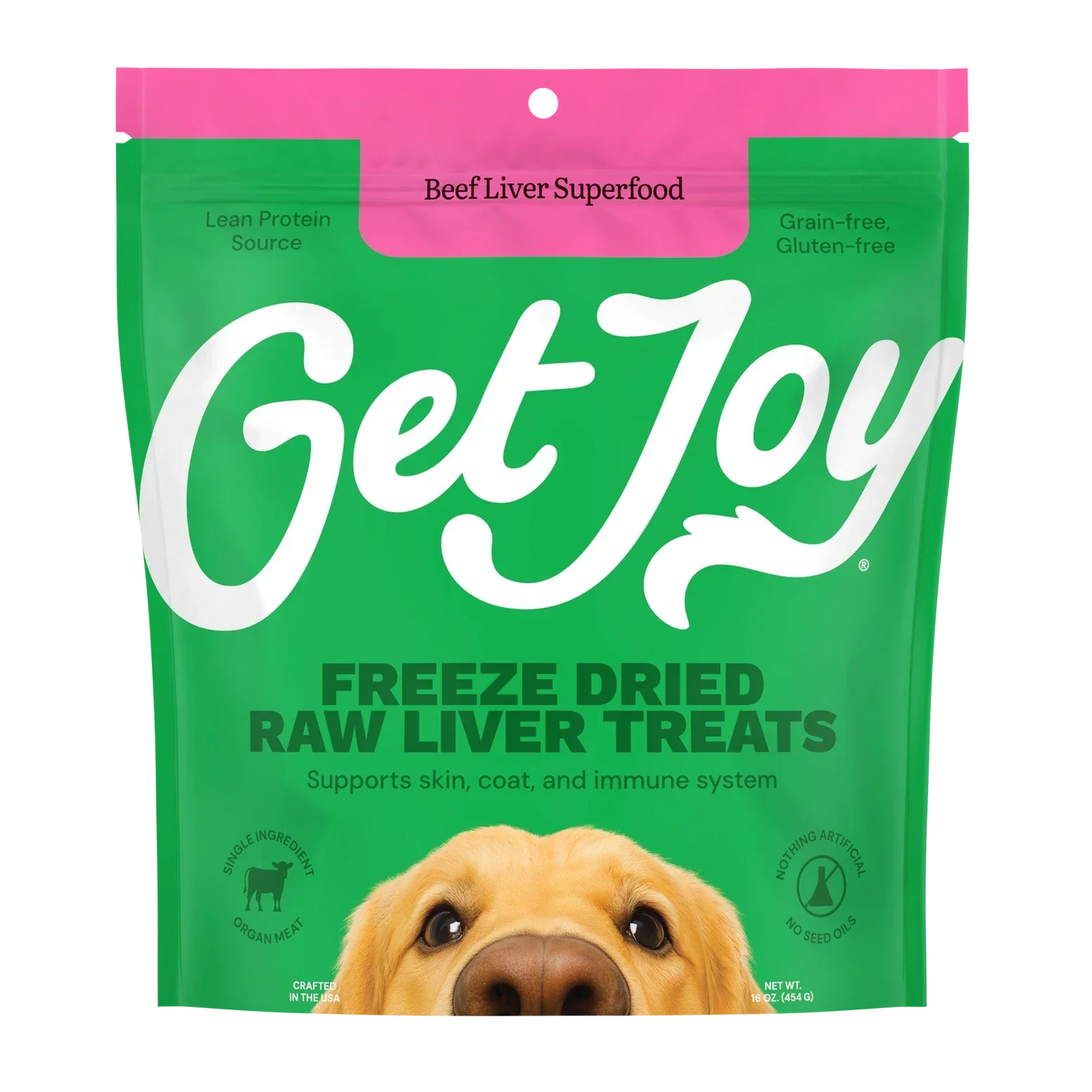 Get Joy freeze dried beef liver dog treats in a vibrant green package for healthy snacks