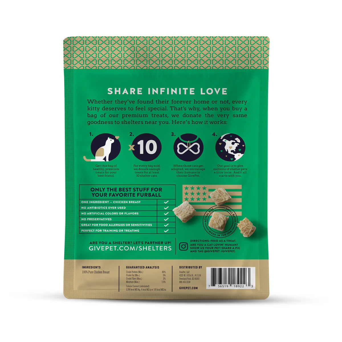 GivePet freeze dried cat treats package showcasing premium ingredients and donation information