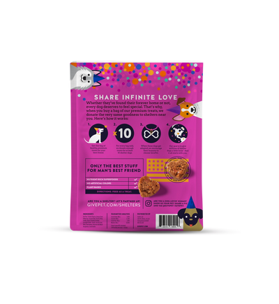 GivePet soft-baked dog treats packaging featuring fun designs and information about supporting shelters
