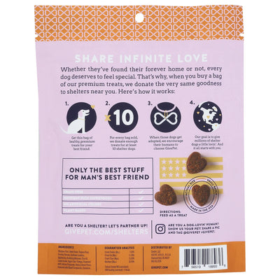 GivePet soft chewy training dog treats in a resealable bag, promoting dog adoption and welfare