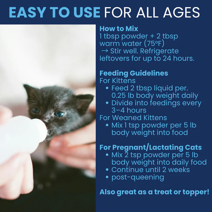 Under the Weather goat milk replacer for kittens, easy mixing instructions on packaging