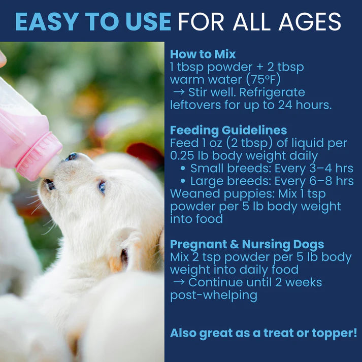 Under the Weather Goat Milk Replacer for Puppies instructions with feeding guidelines and mixing tips