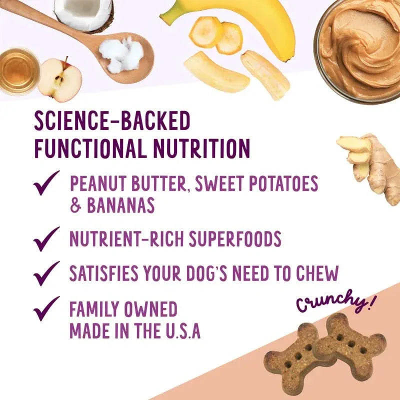 Health Extension peanut butter banana dog treats featuring crunchy bites with sweet potatoes and nutrients
