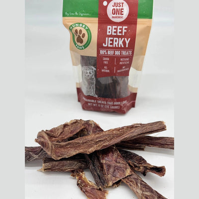 Hungry Paws beef jerky dog treats made with 100 percent beef, grain free and all natural