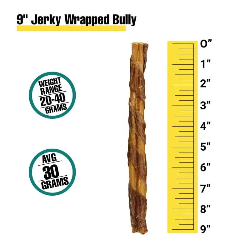 9 inch jerky wrapped bully sticks for dogs, perfect for training and rewarding your pet