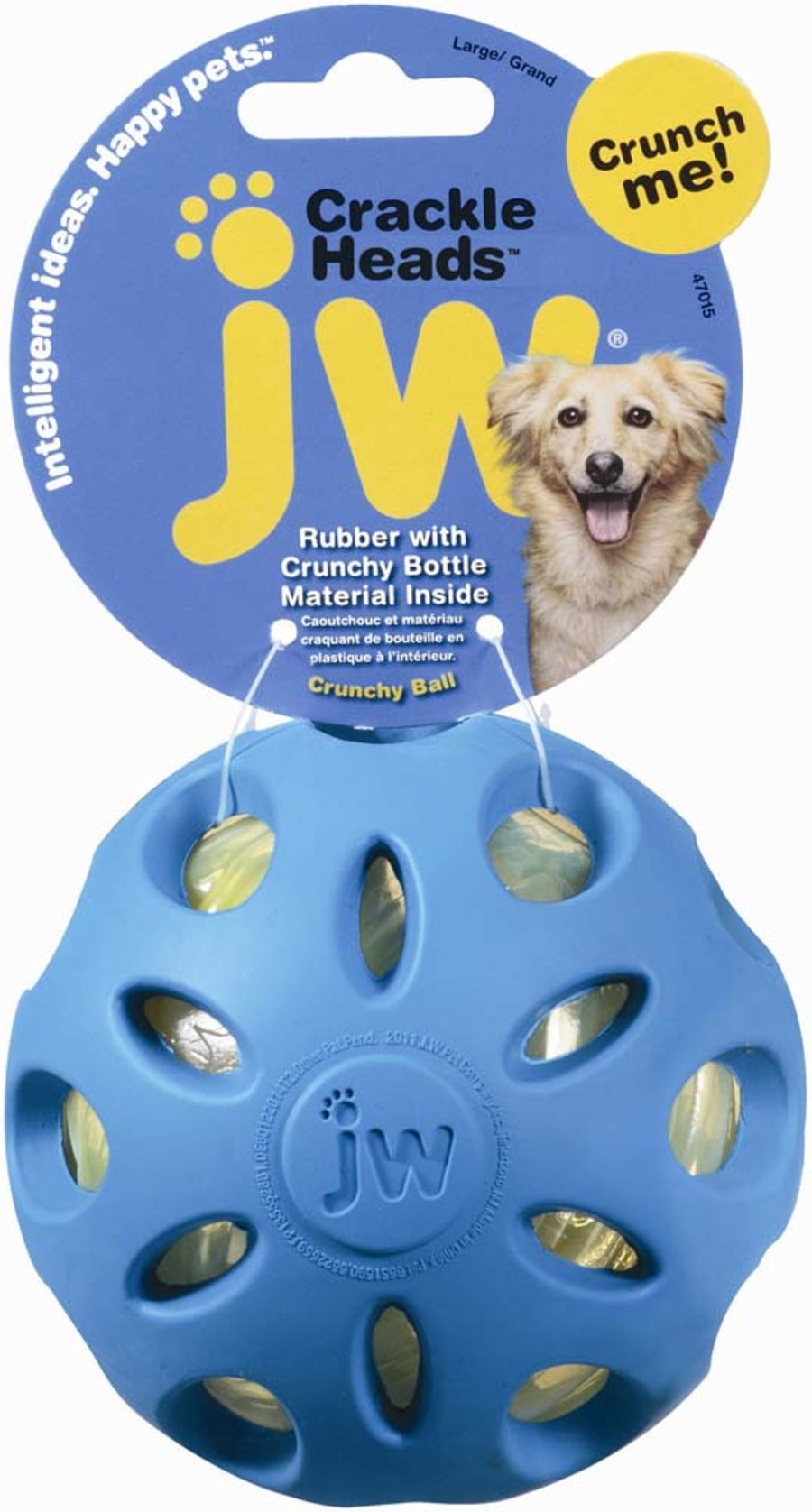 JW crackle ball dog toy in blue with crunchy bottle material for fun and engagement