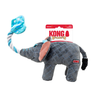 KONG Bendeez dog toy in the shape of a gray elephant with squeaker and rope tail for playful pets