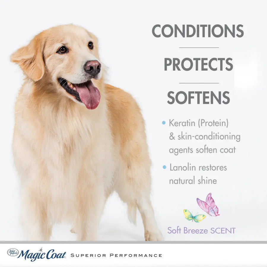 Four Paws gentle tearless dog shampoo labeled with benefits for softening and protecting fur