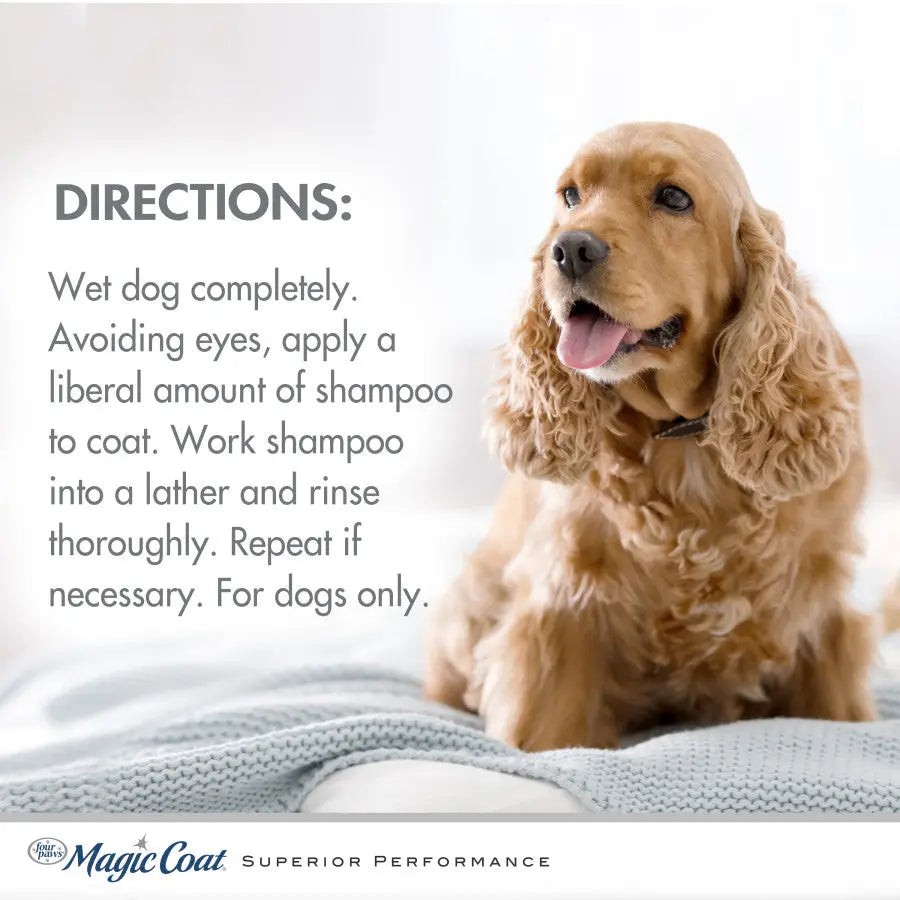 Four Paws gentle tearless dog shampoo instructions with a happy dog on a cozy blanket