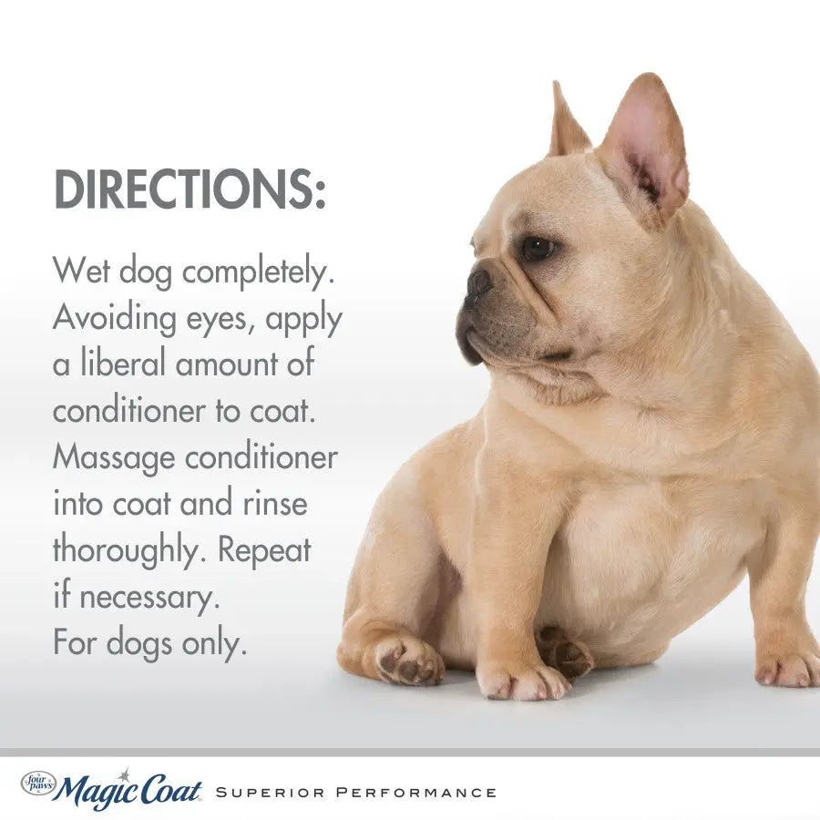 Four Paws hypoallergenic dog conditioner instructions for use with a French Bulldog model