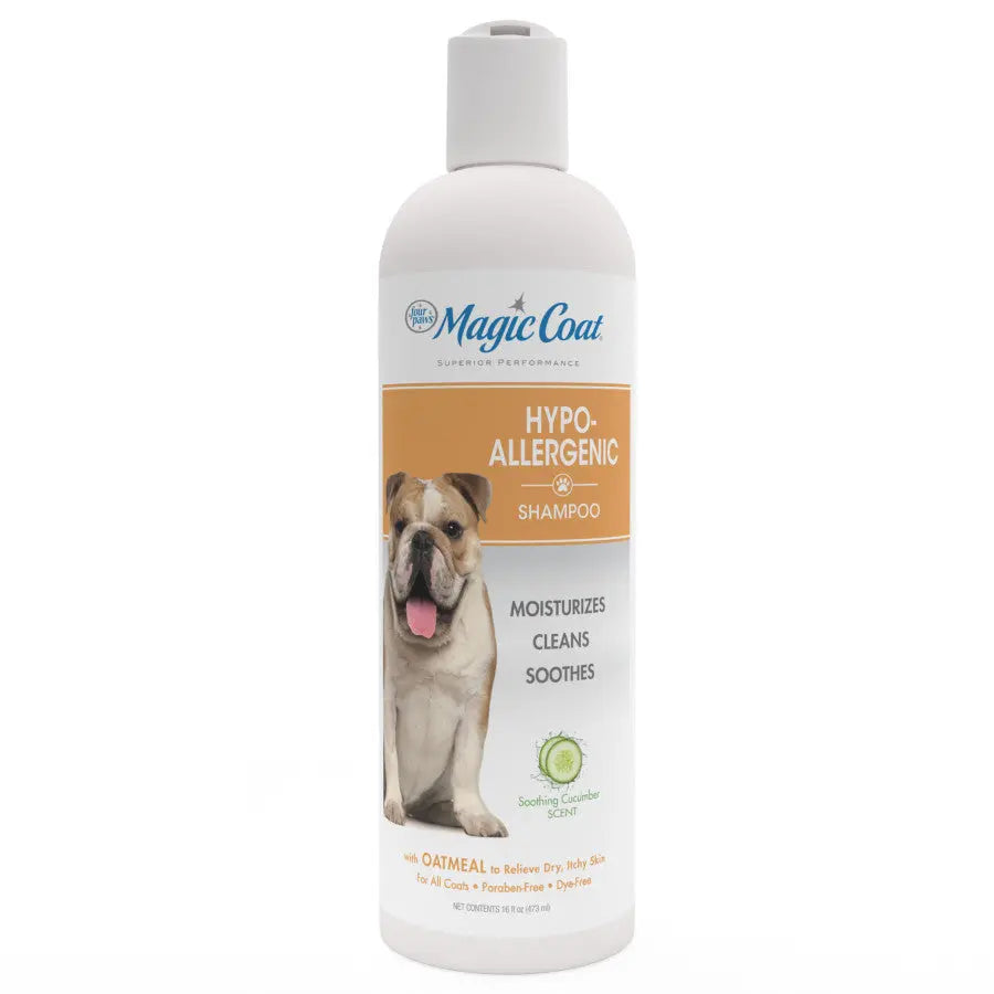 A white bottle of Four Paws Magic Coat Hypoallergenic Dog Shampoo with a bulldog on the label, featuring moisturizing, cleansing, soothing benefits, and oatmeal for dry skin relief.