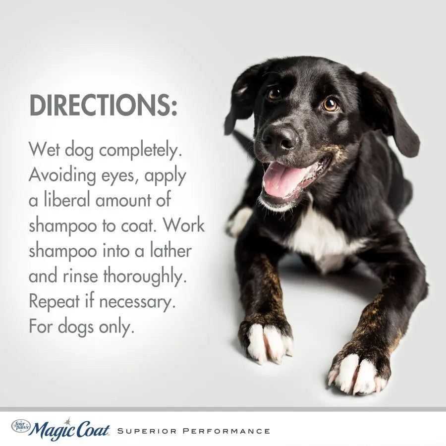 Four Paws Medicated Dog Shampoo with clear application instructions for effective dog care