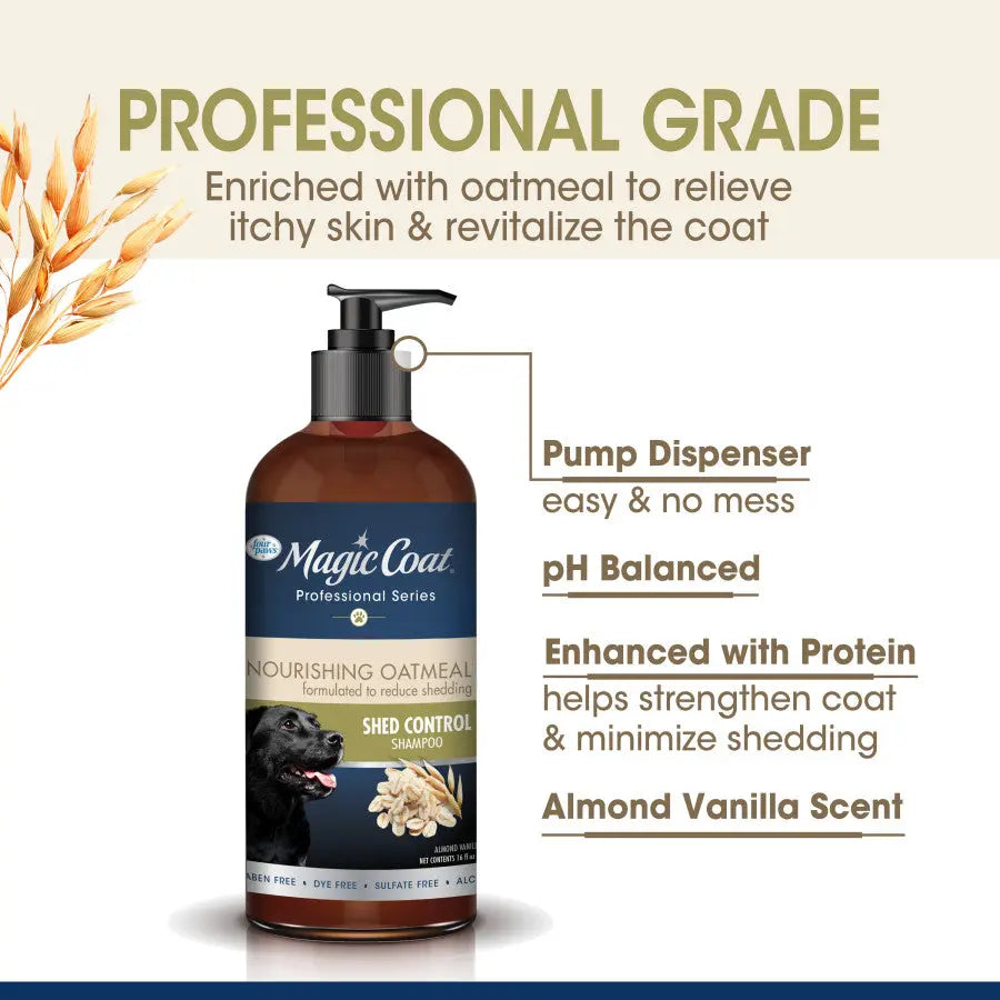 Four Paws oatmeal shed control dog shampoo with pump dispenser and almond vanilla scent for healthy coats