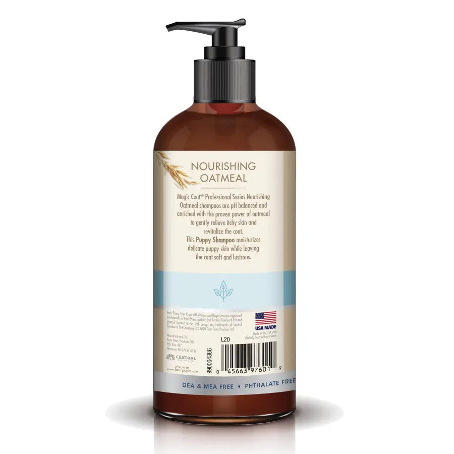 Four Paws Nourishing Oatmeal Puppy Shampoo in a bottle for maintaining puppy's coat softness and luster