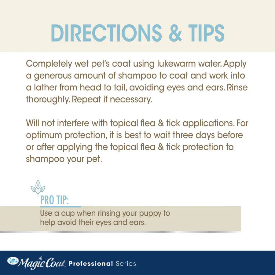 Four Paws Oatmeal Puppy Shampoo directions for use with tips for optimal pet care