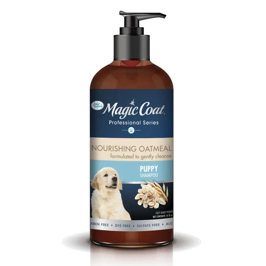Magic Coat Nourishing Oatmeal Puppy Shampoo in a bottle designed for gentle cleaning and puppy care