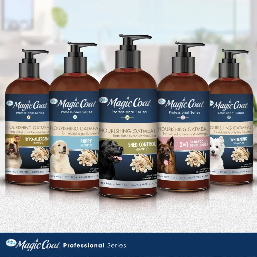 Four Paws Oatmeal Puppy Shampoo bottle in a lineup of nourishing oatmeal pet products