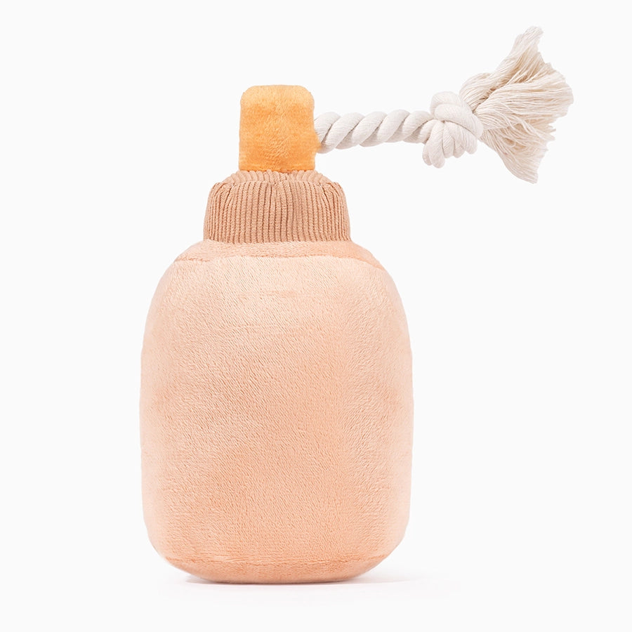 Hugsmart Pet makeup plush dog toy in light peach color with a rope for interactive playtime