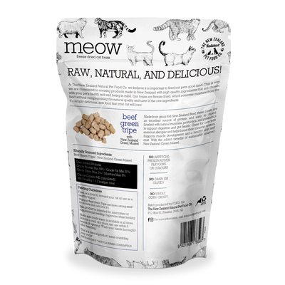 The New Zealand Natural Pet Food Co beef green tripe cat treats in a resealable package for healthy feline snacks