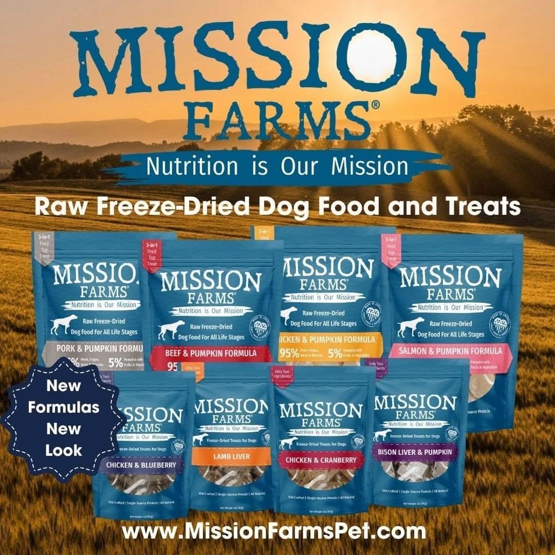 Mission Farms Bison Liver Freeze-Dried Dog Treats in colorful packaging for healthy pet snacks