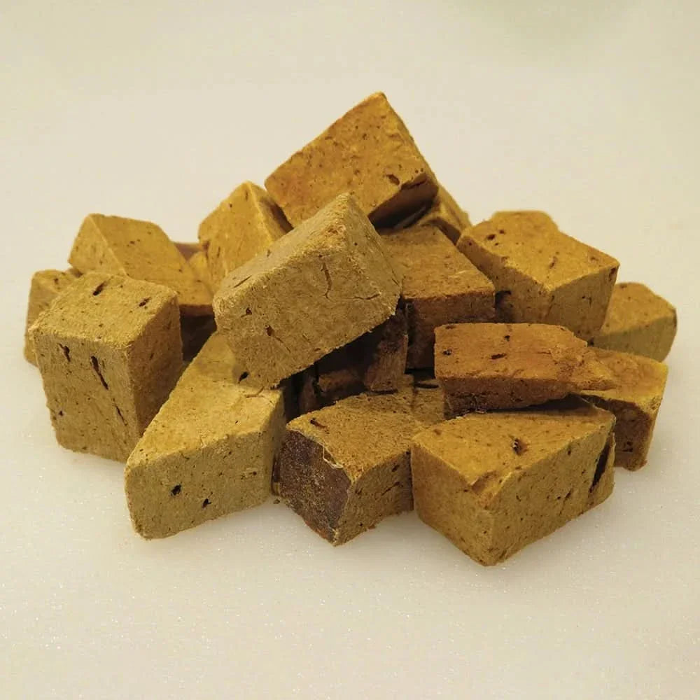 Mission Farms Bison Liver Freeze-Dried Dog Treats in cube shapes for healthy canine snacks
