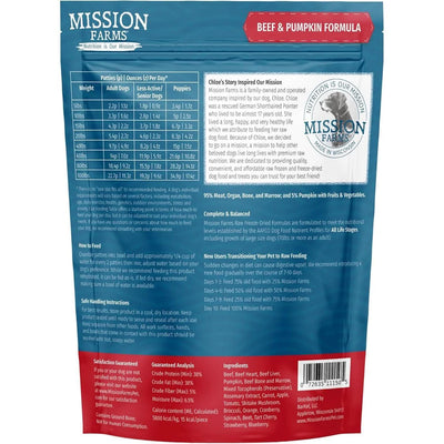 Mission Farms Beef and Pumpkin Formula freeze-dried dog food for all life stages with guaranteed analysis