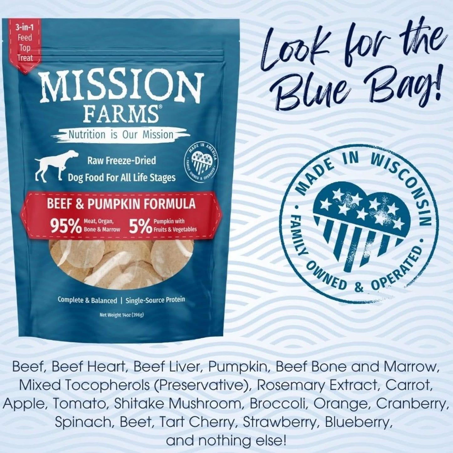 Mission Farms Freeze-Dried Dog Food Beef and Pumpkin Formula with 95% meat for all life stages