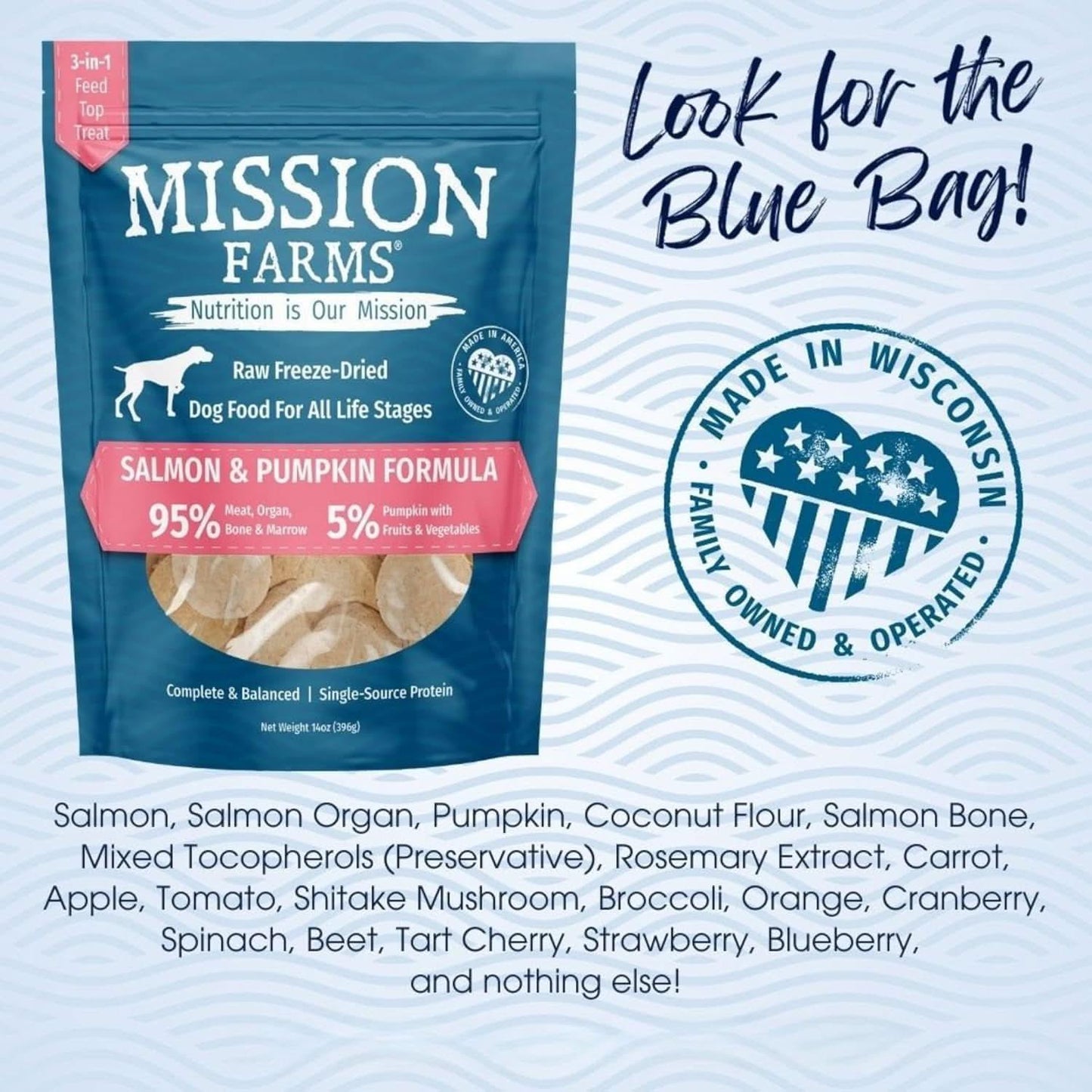 Mission Farms Salmon and Pumpkin Formula Freeze-Dried Dog Food for all life stages with natural ingredients
