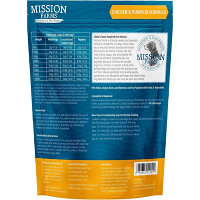 Mission Farms Chicken and Pumpkin Formula freeze-dried dog food with nutritious ingredients for all dog stages