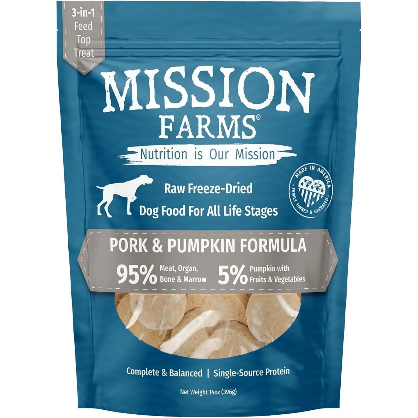 Mission Farms Pork and Pumpkin Formula freeze-dried dog food with 95% meat and 5% vegetables