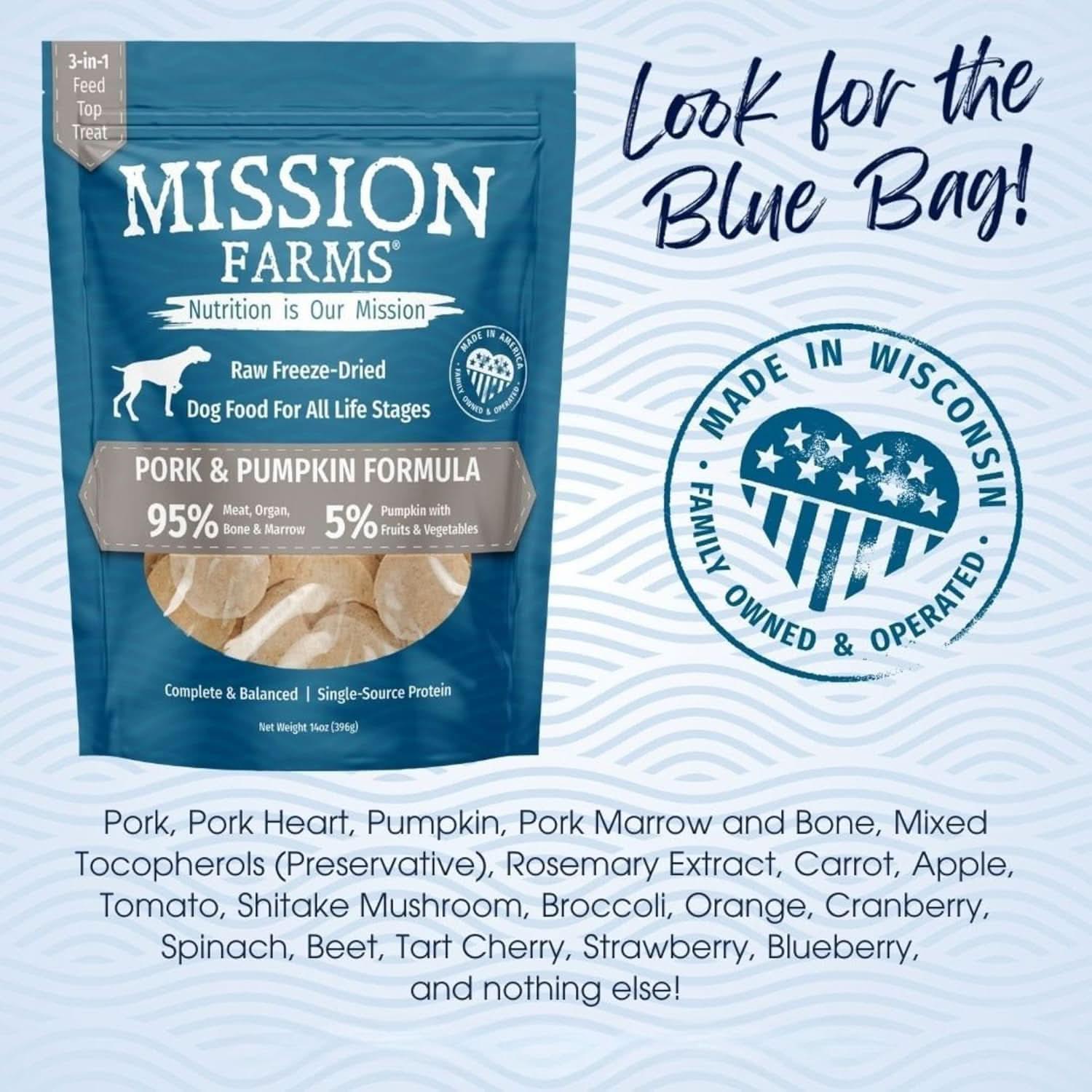Mission Farms Pork and Pumpkin Freeze-Dried Dog Food with 95% animal protein for all dog life stages