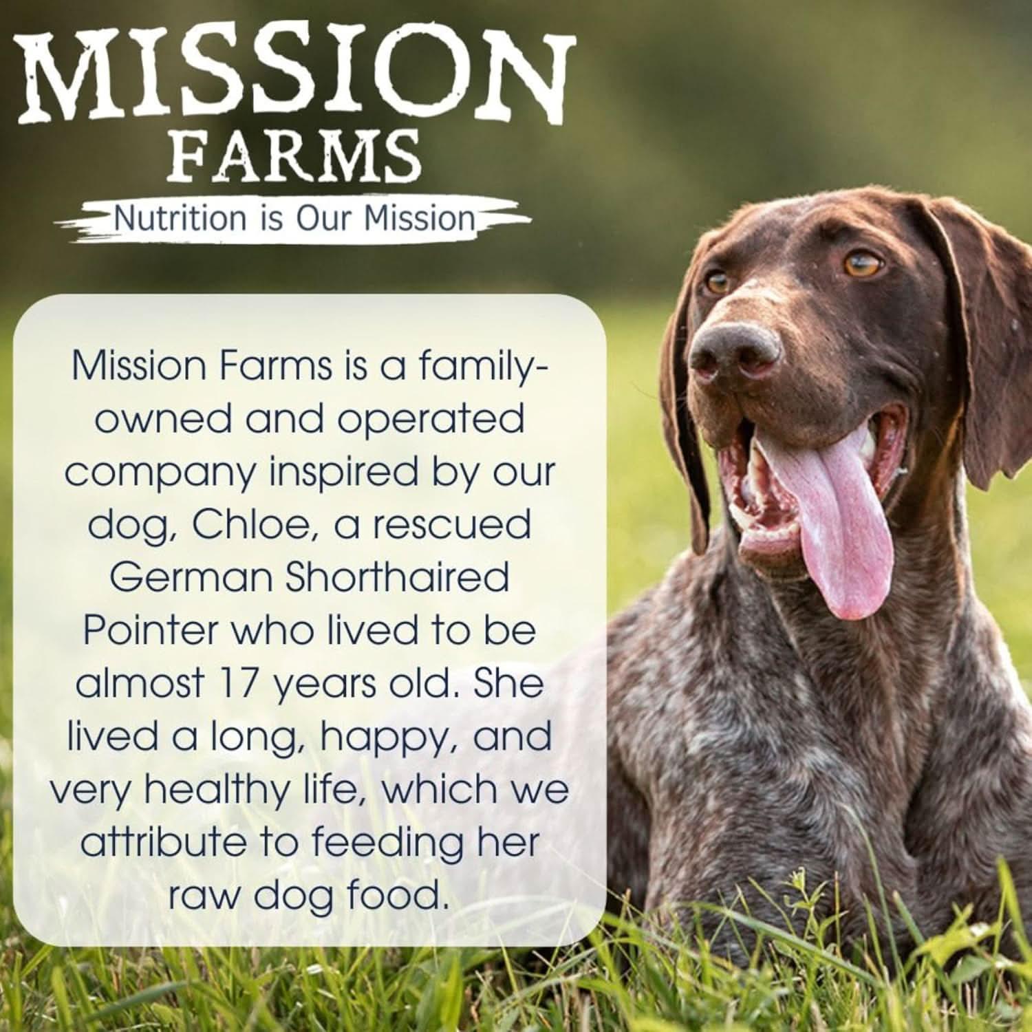 Mission Farms Freeze-Dried Dog Food featuring healthy ingredients inspired by a rescue dog