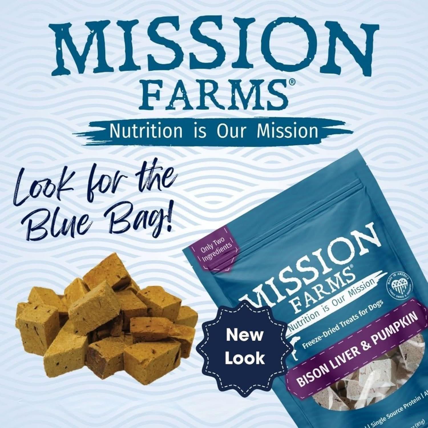 Mission Farms Freeze-Dried Dog Treats Bison Liver and Pumpkin in a blue bag for healthy pet snacks