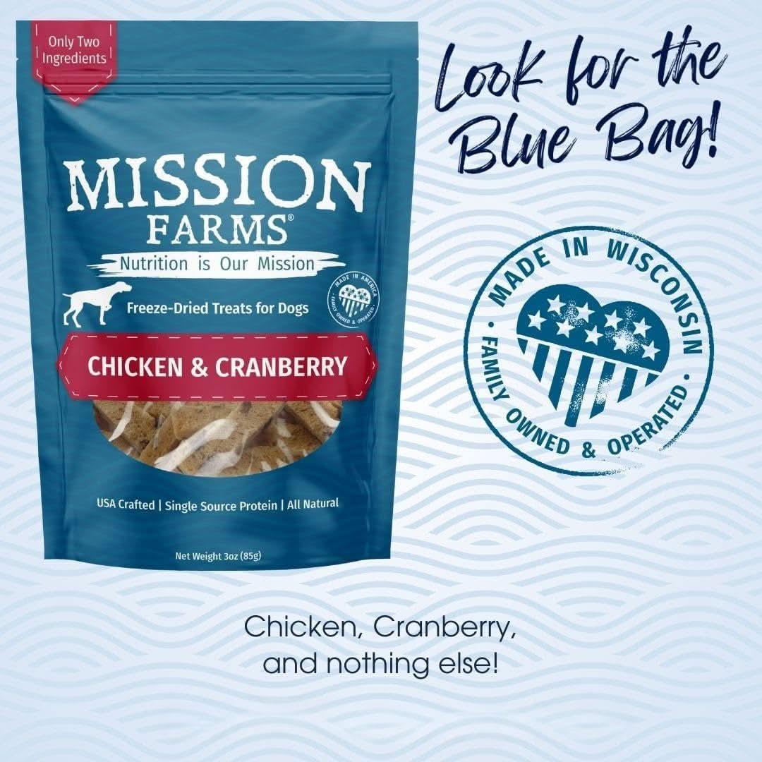 Mission Farms Freeze-Dried Dog Treats in Chicken and Cranberry flavor for healthy pet snacks