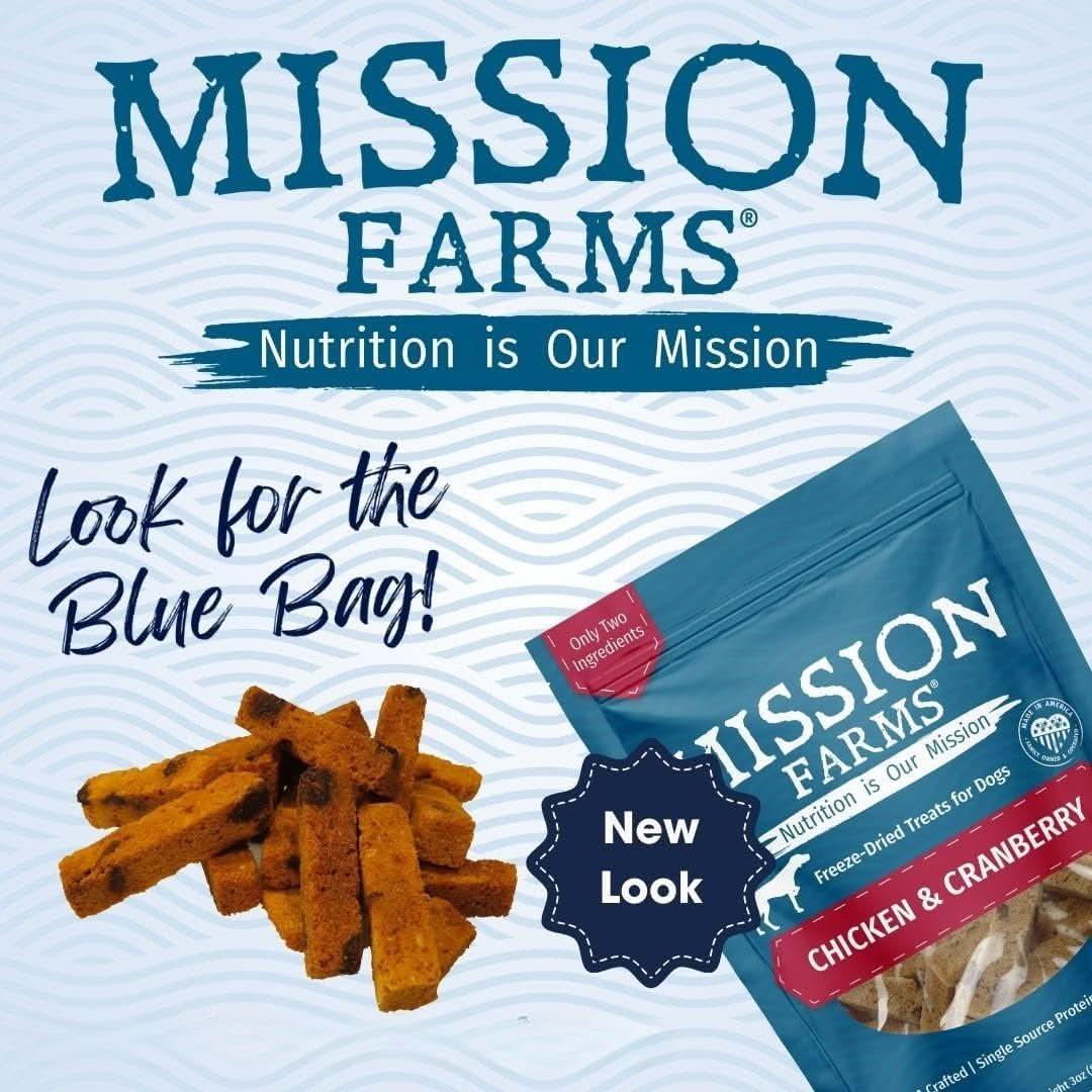 Mission Farms Chicken and Cranberry Freeze-Dried Dog Treats in a new blue bag for healthy pet snacks