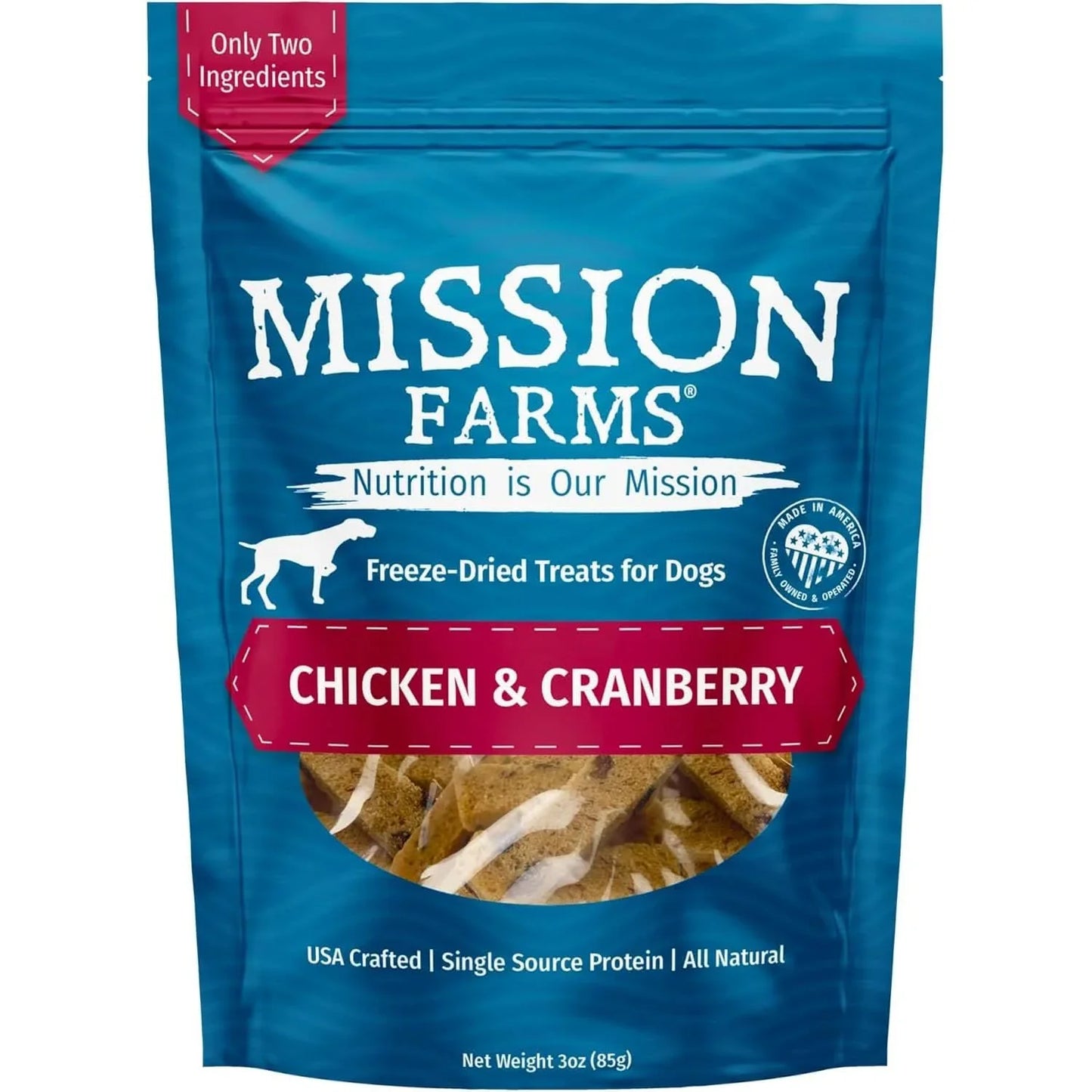 Mission Farms Freeze-Dried Dog Treats with Chicken and Cranberry in a 3oz bag for healthy snacks