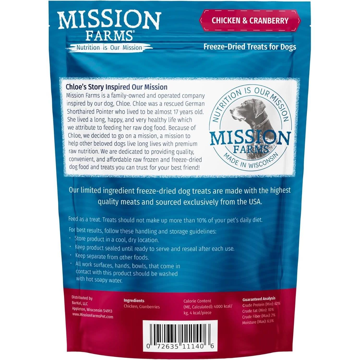 Mission Farms Chicken and Cranberry Freeze-Dried Dog Treats made with high-quality meats for nutrition