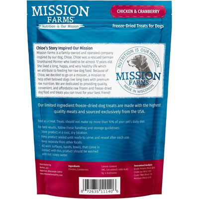 Mission Farms Chicken and Cranberry Freeze-Dried Dog Treats made with high-quality meats for nutrition