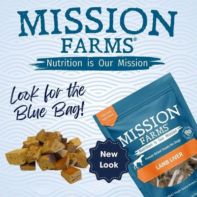Mission Farms freeze dried lamb liver dog treats in a blue bag with bite-sized pieces for dogs