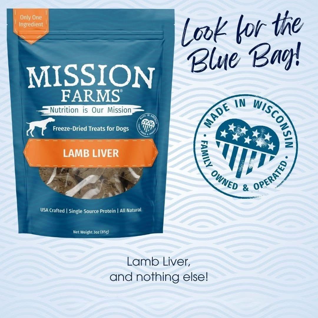 Mission Farms freeze dried lamb liver dog treats in a blue bag, made from USA sourced ingredients