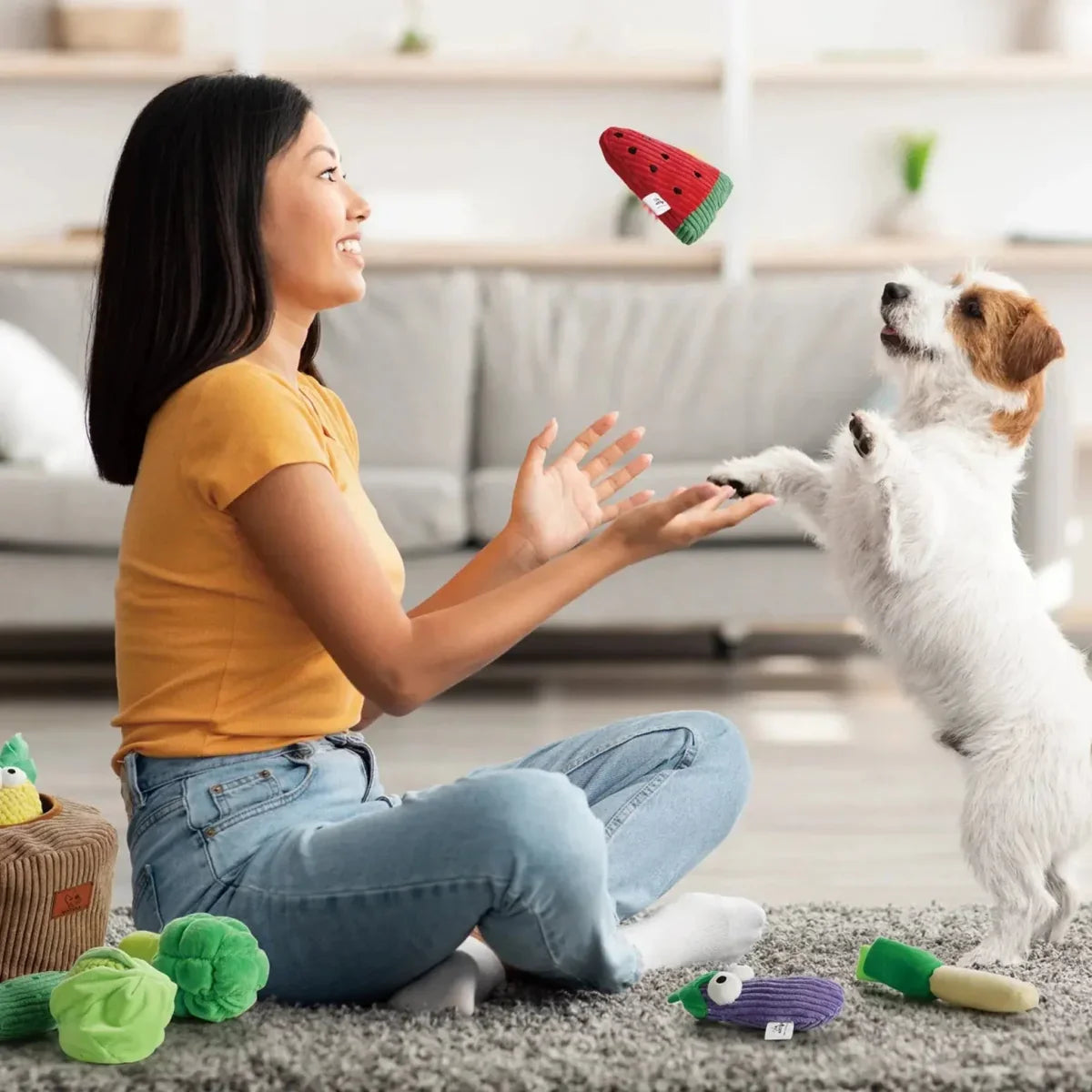 Nocciola 15 - Pack Squeaky Fruit & Veggie Dog Toys with Basket - Talis Us